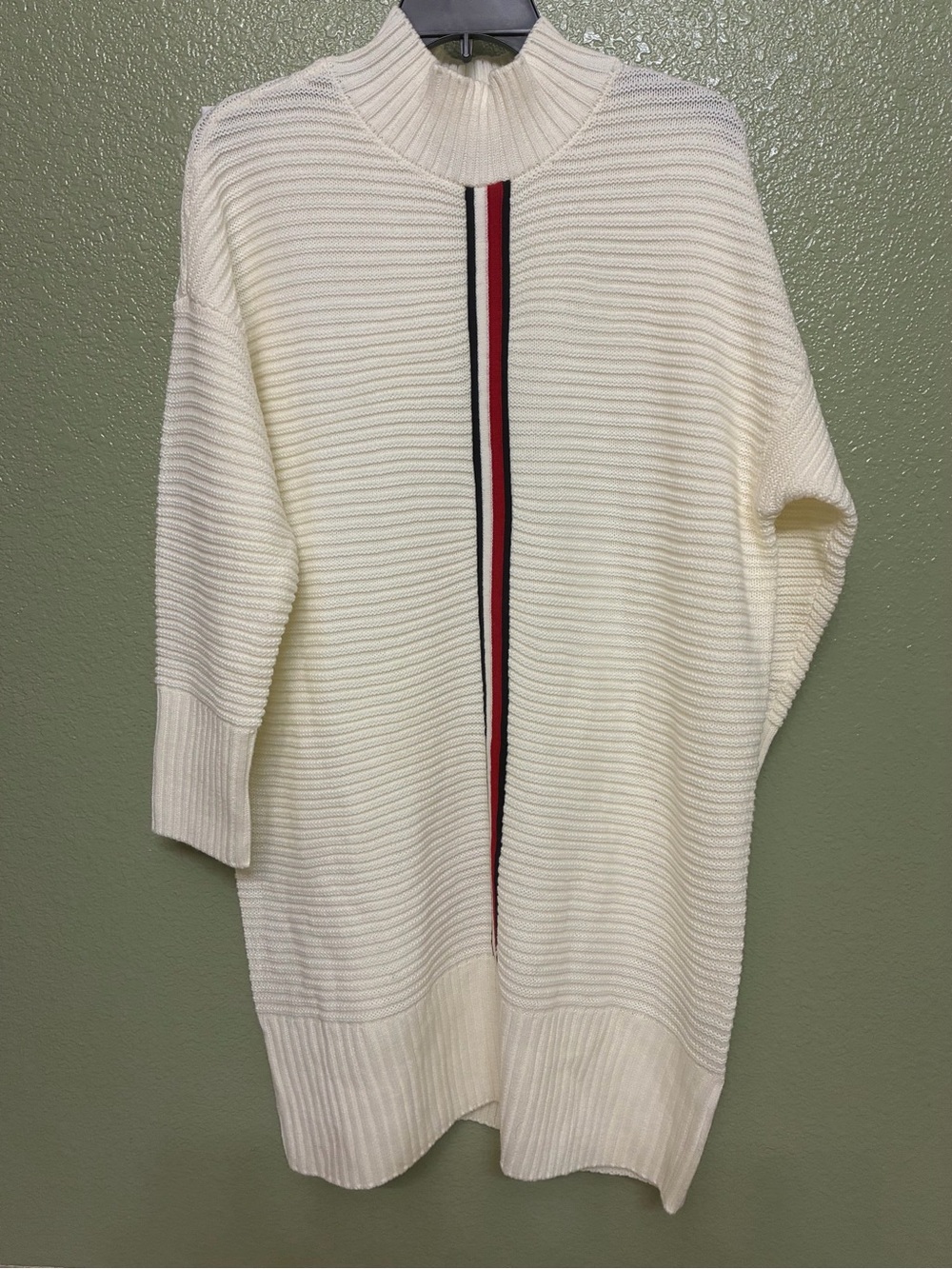 Tommy Hilfiger Cream Ribbed Mock Neck Sweater with Red & Black Center Stripe
